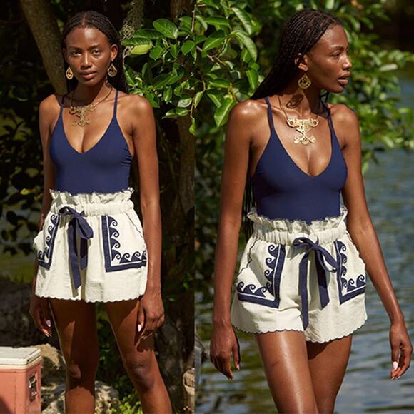 NWT Carolina K Neptune Self-Tie Shorts White & Navy Midnight Waves - Picture 8 of 8